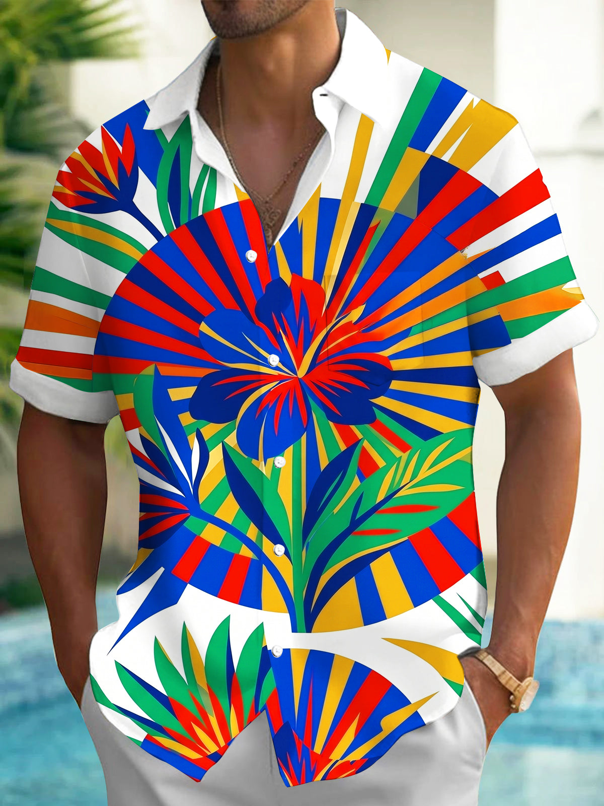 Oceanlyte Men's Short Sleeve Shirt - Tropical Hibiscus And Geometric Sunburst Print with Chest Pocket