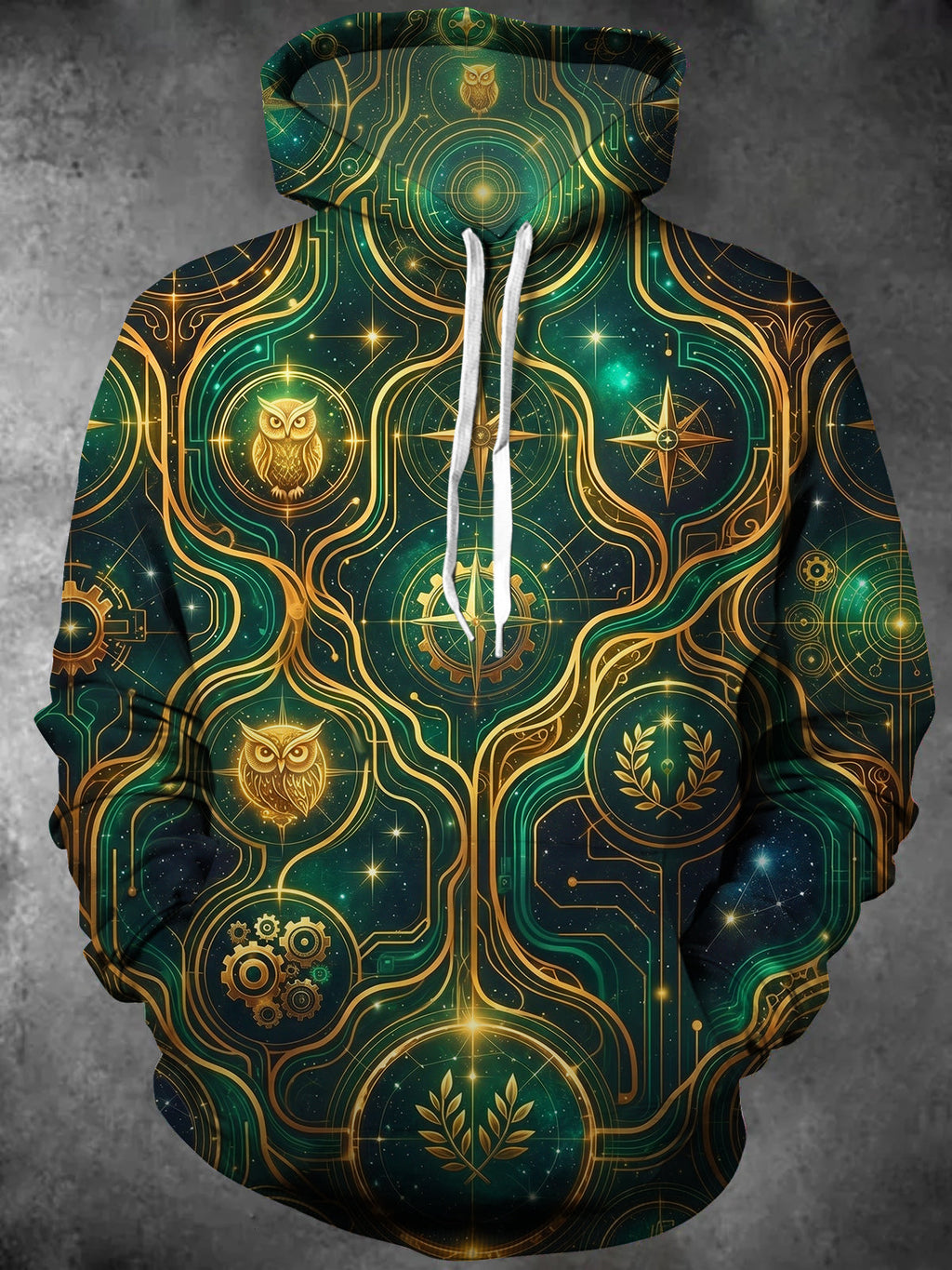 Oceanlyte Men's Owl And Star Map With Mechanical Gears Print Long Sleeve Hoodie