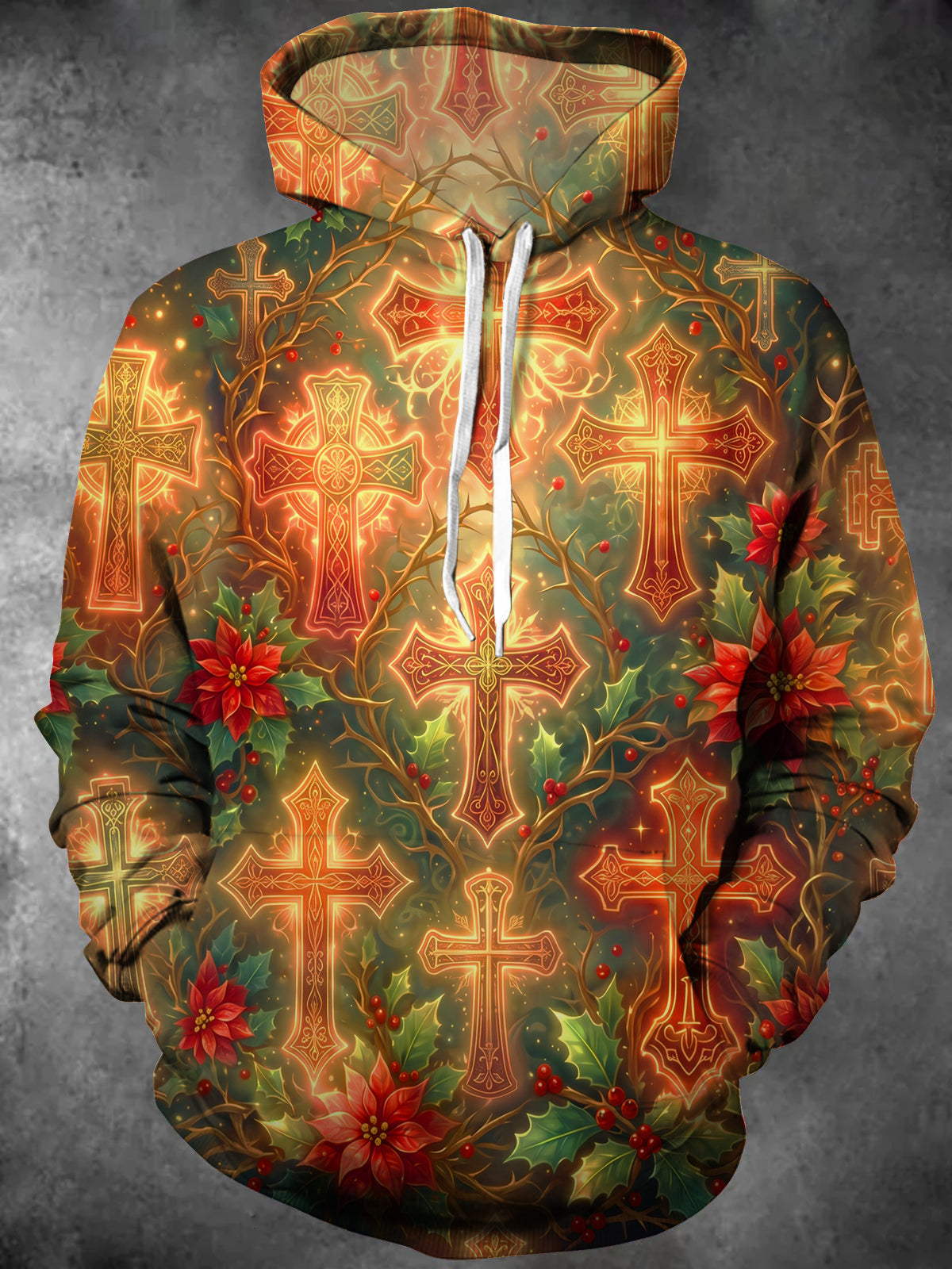Oceanlyte Men's Long Sleeve Hoodie - Christmas Celtic Crosses And Holly With Poinsettias Print