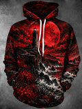 Oceanlyte Men's Red Moon Lighthouse And Spider Lilies Print Long Sleeve Hoodie