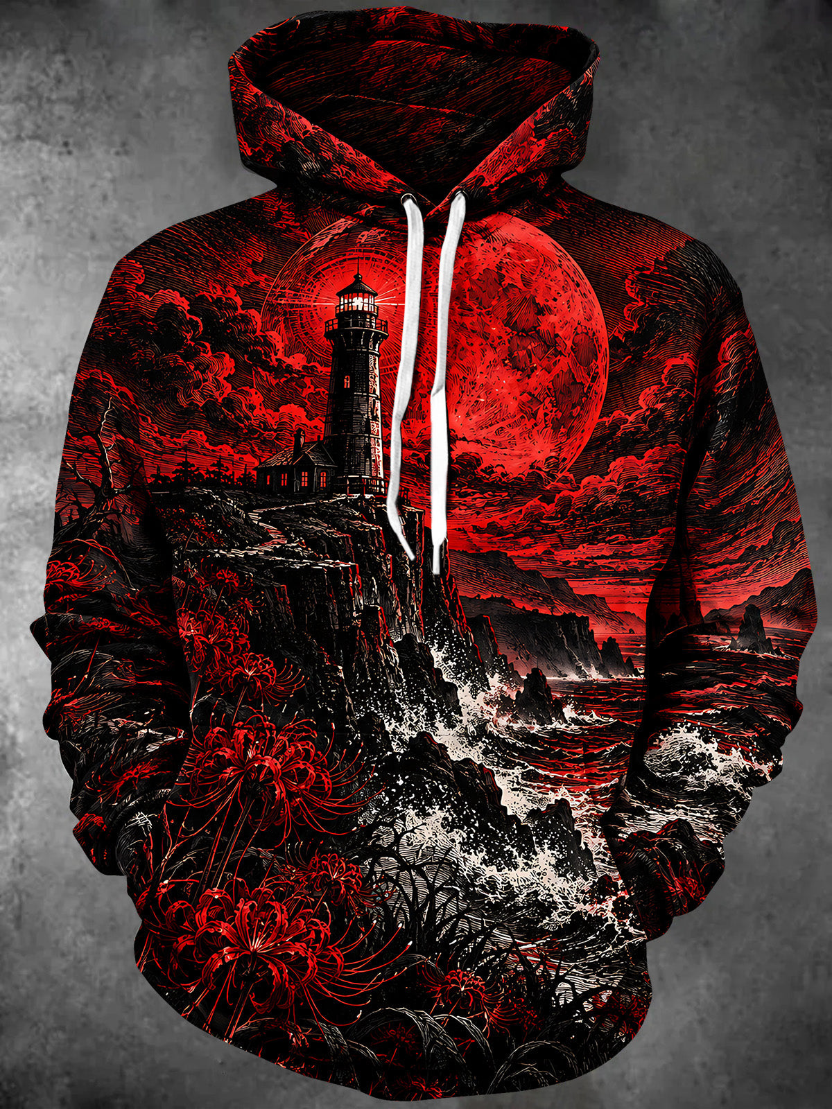 Oceanlyte Men's Red Moon Lighthouse And Spider Lilies Print Long Sleeve Hoodie