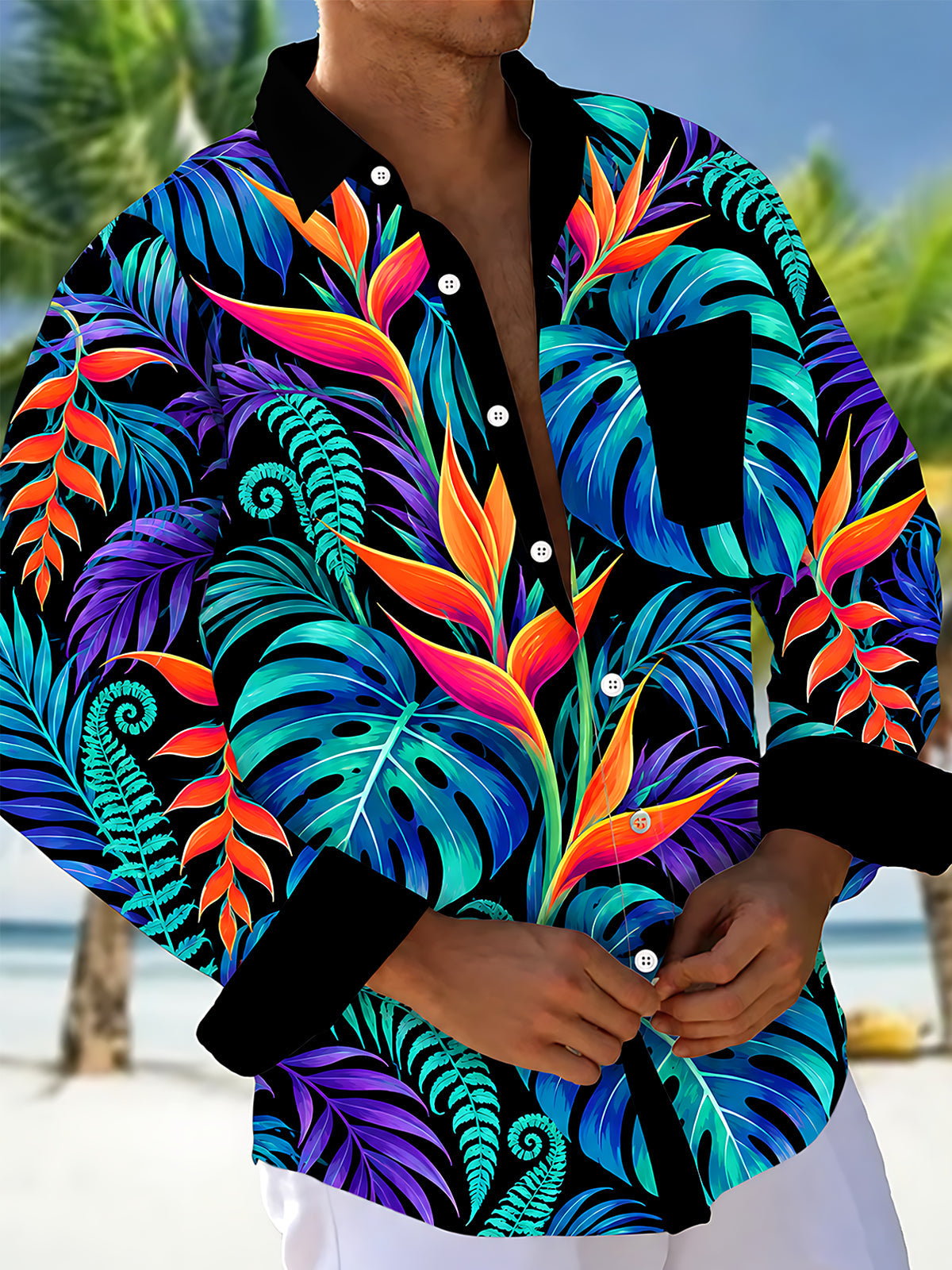 Oceanlyte Men's Long Sleeve Shirt - Tropical Leaves And Bird Of Paradise Flowers Print with Chest Pocket
