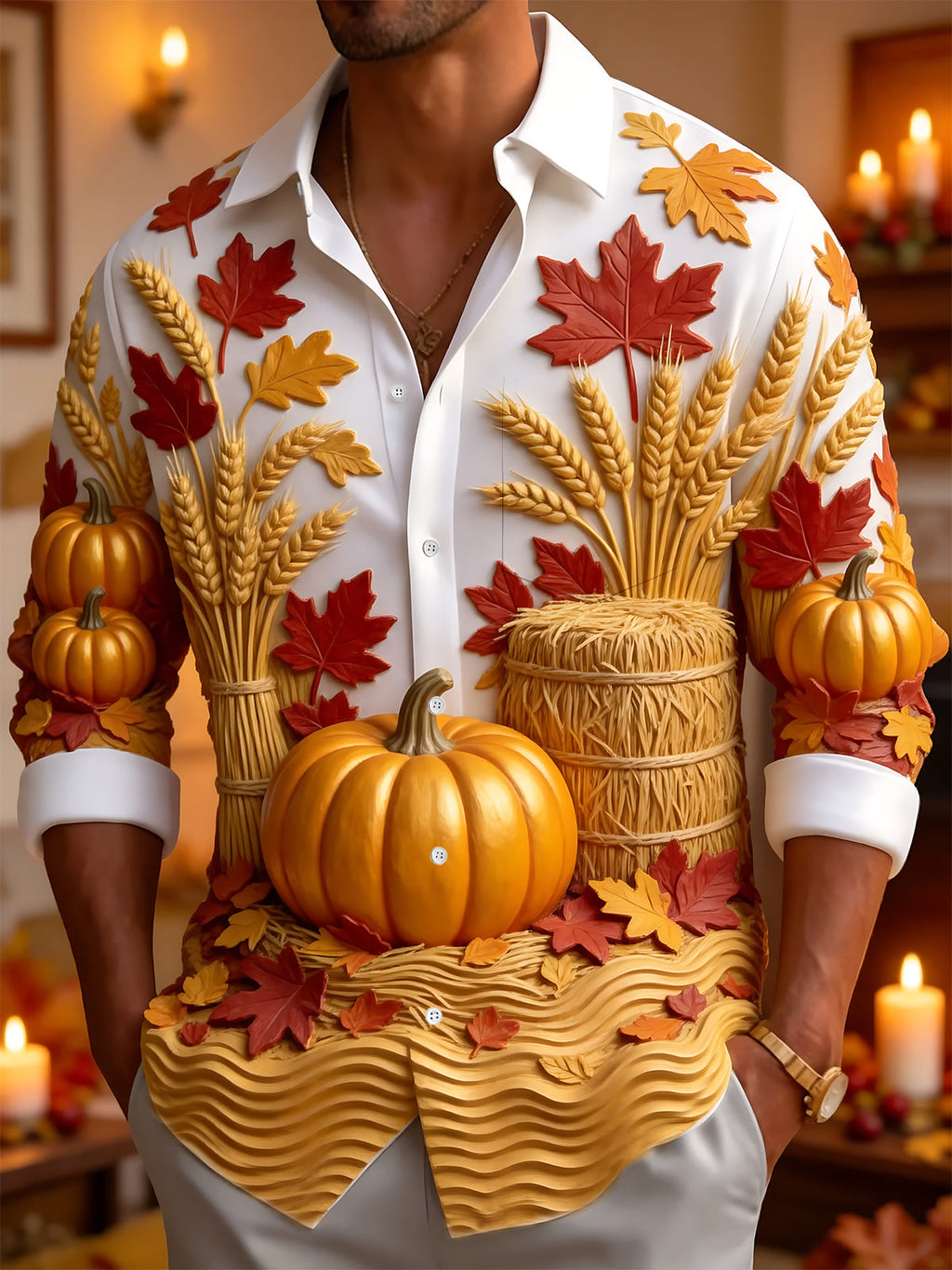 Oceanlyte Men's Long Sleeve Shirt - Thanksgiving Autumn Harvest Pumpkins And Wheat Sheaves Print with Chest Pocket
