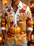 Oceanlyte Men's Long Sleeve Shirt - Thanksgiving Autumn Harvest Pumpkins And Wheat Sheaves Print with Chest Pocket