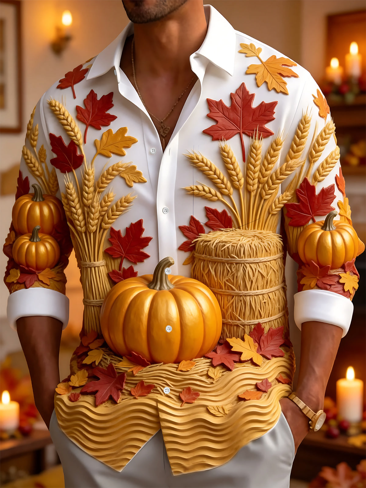 Oceanlyte Men's Long Sleeve Shirt - Thanksgiving Autumn Harvest Pumpkins And Wheat Sheaves Print with Chest Pocket