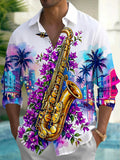 Oceanlyte Men's Hawaiian Saxophone And Purple Flowers Print Long Sleeve Shirt with Chest Pocket