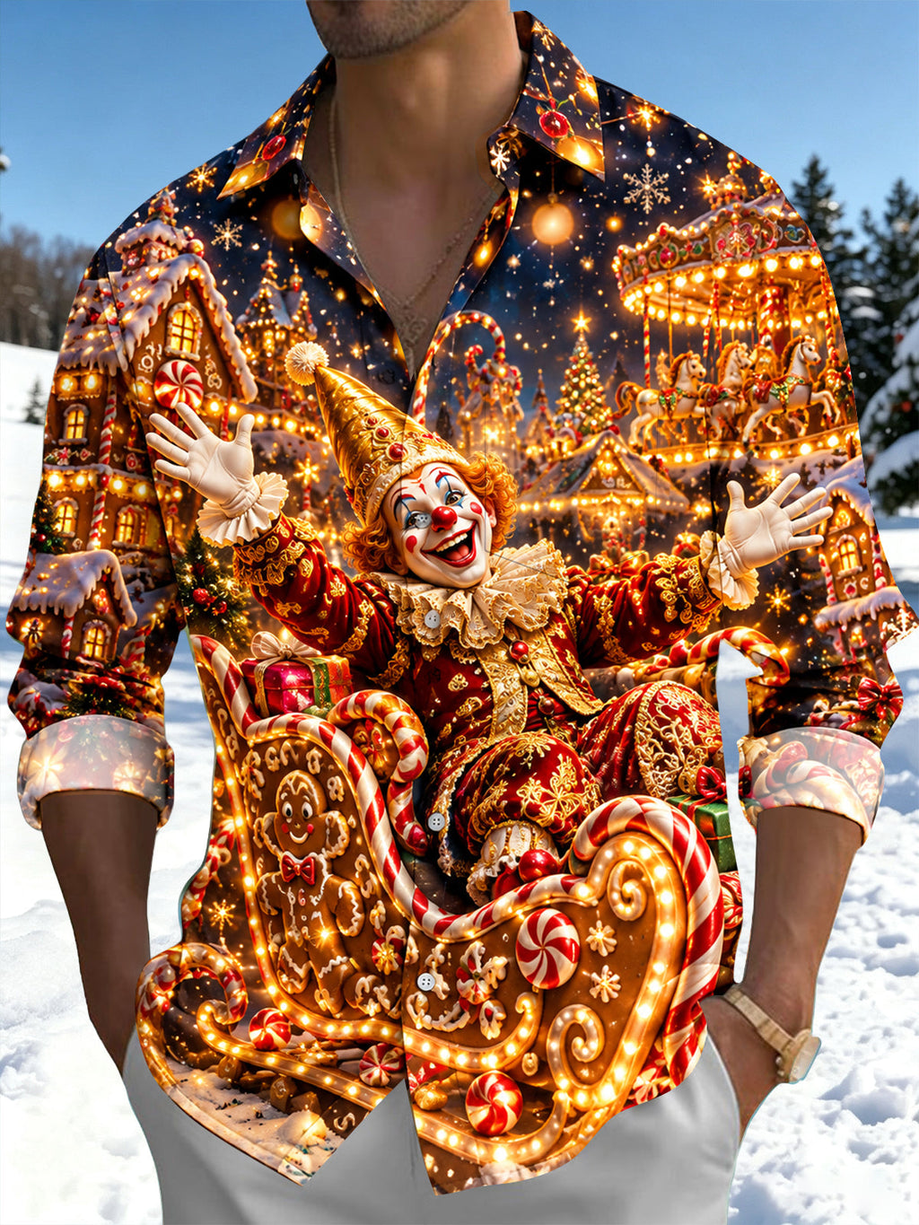 Oceanlyte Men's Christmas Clown And Gingerbread Sleigh Print Long Sleeve Shirt with Chest Pocket