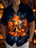 Oceanlyte Men's Short Sleeve Shirt - Halloween Black Cat And Jack-o-lantern Pumpkin Print with Chest Pocket