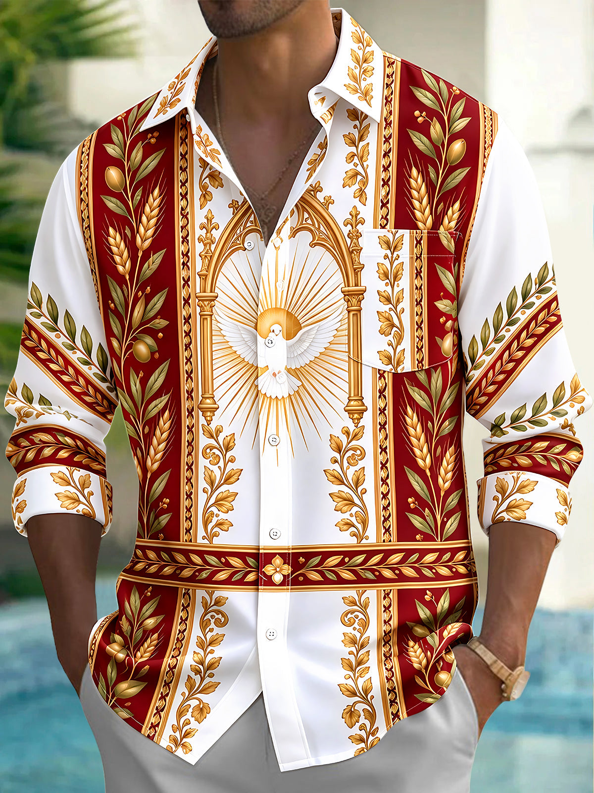 Oceanlyte Men's Printed White Dove With Golden Rays Print Long Sleeve Shirt with Chest Pocket