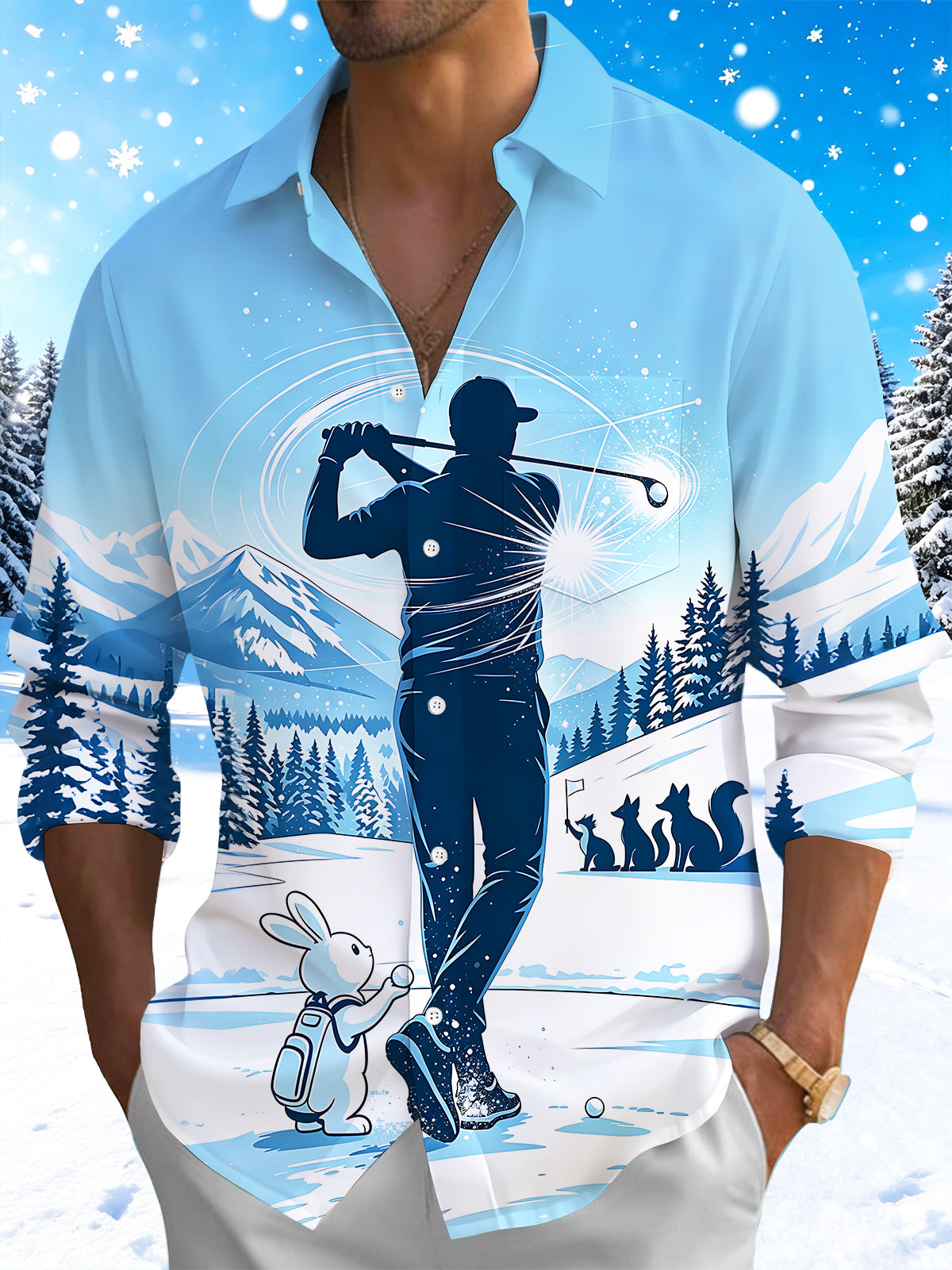 Oceanlyte Men's Long Sleeve Shirt - Golf Player Silhouette And Winter Animals Print with Chest Pocket