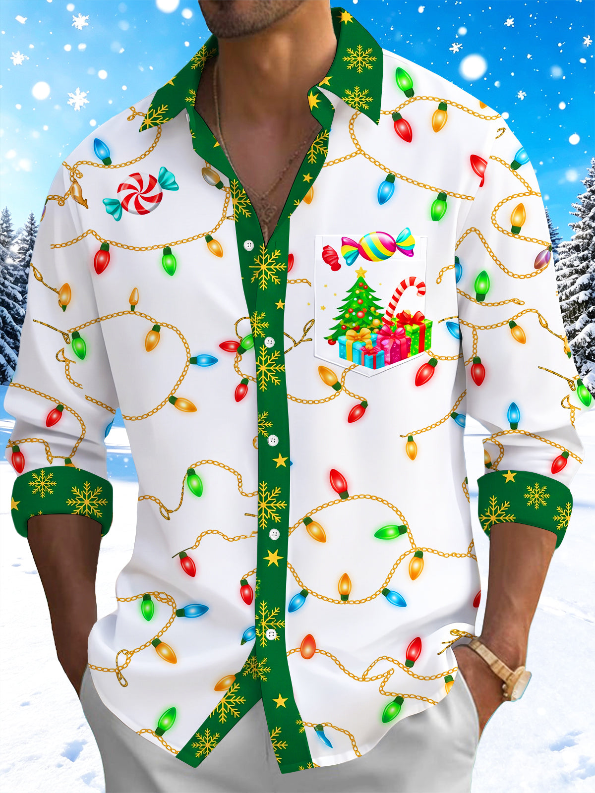 Oceanlyte Men's Printed Christmas Tree And Gifts Print Long Sleeve Shirt with Chest Pocket