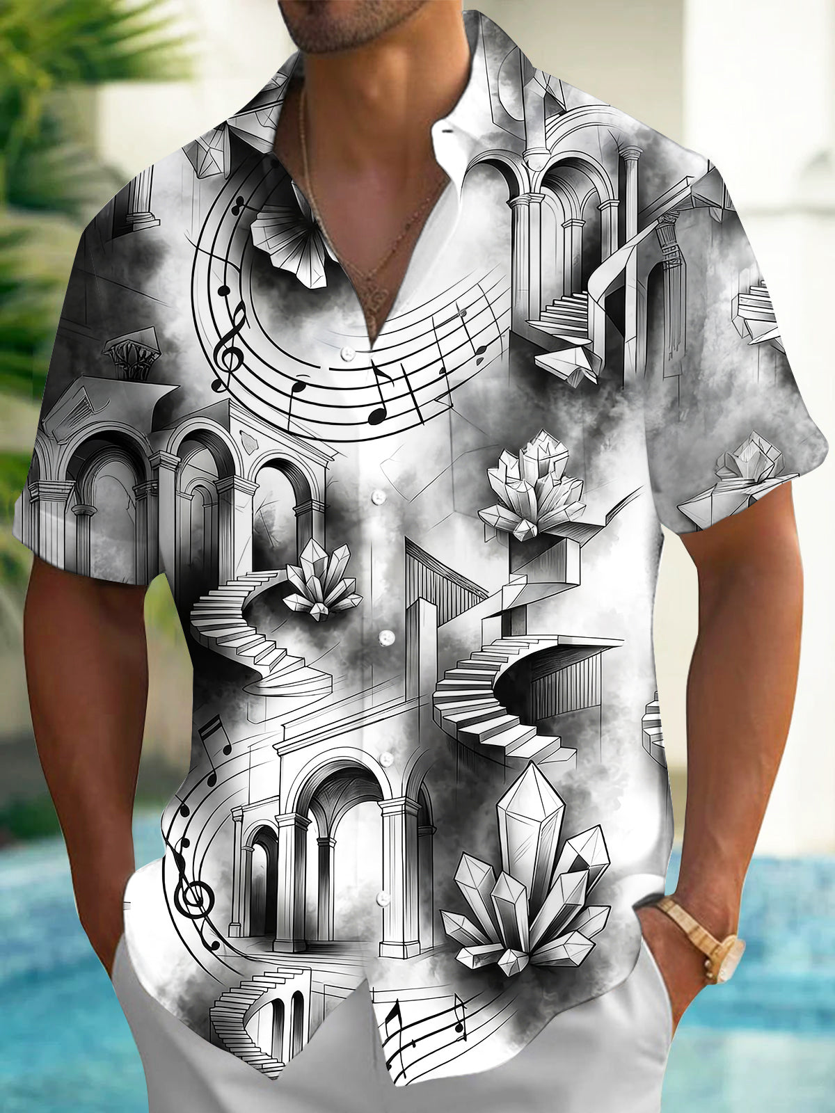 Oceanlyte Men's Short Sleeve Shirt - Fantasy Architecture With Crystals And Music Notes Print with Chest Pocket