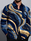 Oceanlyte Men's Abstract Gold And Blue Marble Waves Print Long Sleeve Shirt with Chest Pocket