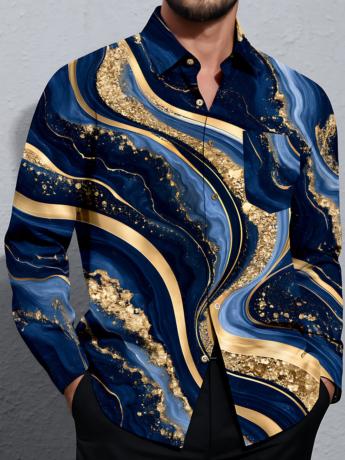 Men's Abstract Gold And Blue Marble Waves Print Long Sleeve Shirt with Chest Pocket