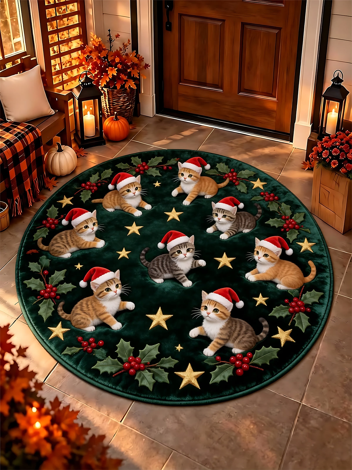 Oceanlyte Christmas Cat Round Area Rug