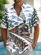 Oceanlyte Men's Short Sleeve Shirt - Vintage Steam Train In Snowy Mountain Landscape Print with Chest Pocket
