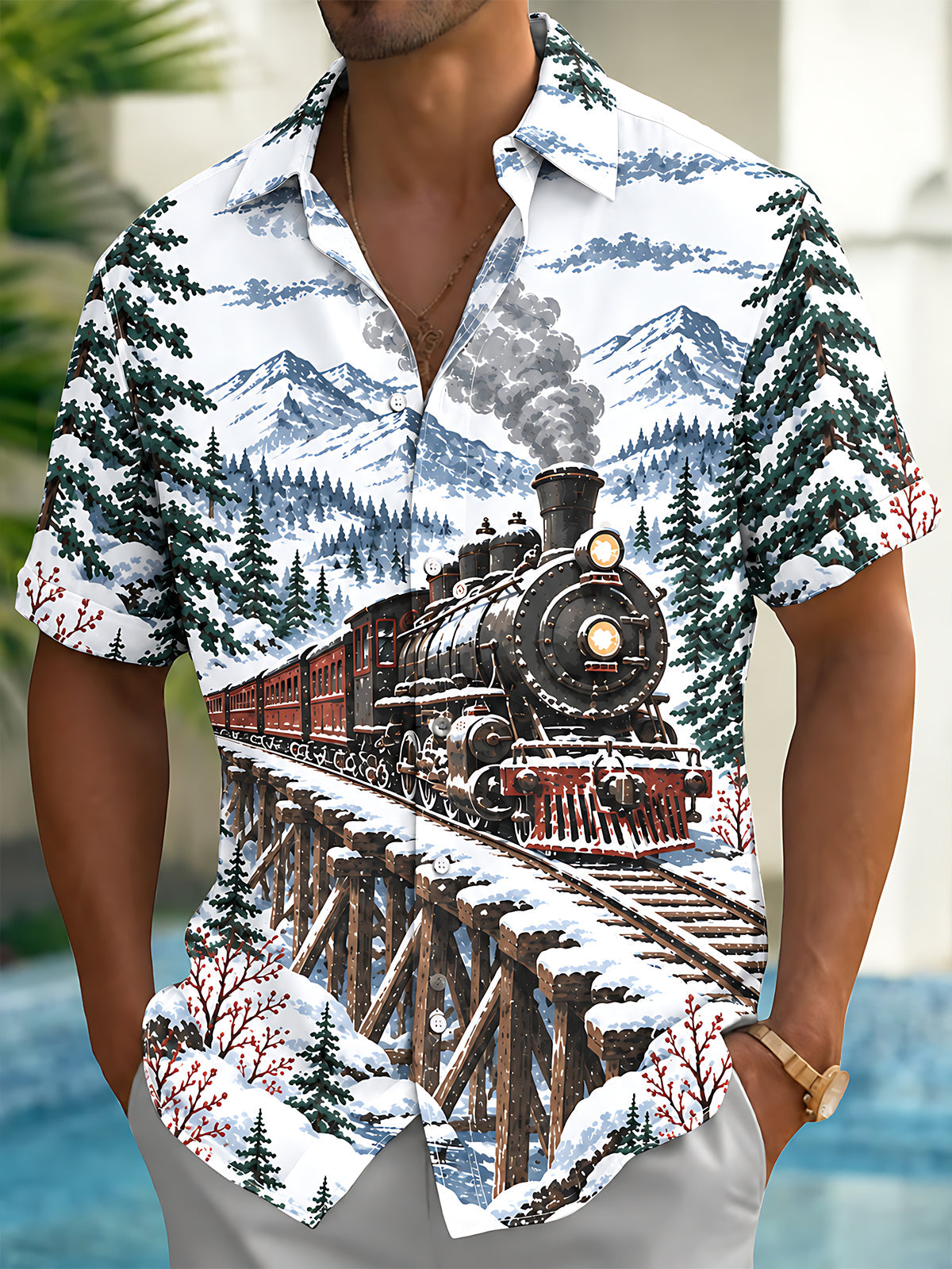 Oceanlyte Men's Short Sleeve Shirt - Vintage Steam Train In Snowy Mountain Landscape Print with Chest Pocket