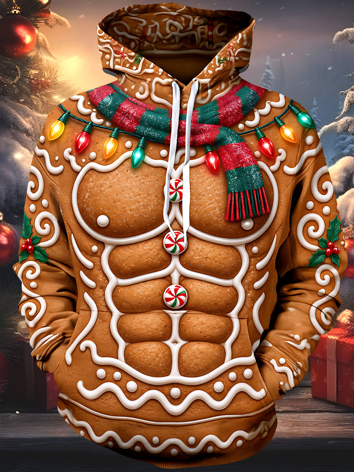 Oceanlyte Men's Long Sleeve Hoodie - Muscular Gingerbread Man With Christmas Lights And Scarf Print