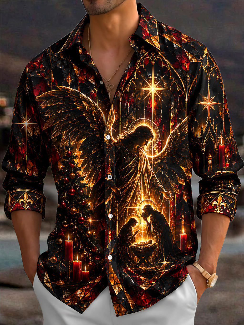 Oceanlyte Men's Stained Glass Nativity Scene With Angel Print Long Sleeve Shirt with Chest Pocket