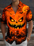 Oceanlyte Men's Short Sleeve Shirt - Halloween Scary Pumpkin Face With Bats And Full Moon Print with Chest Pocket