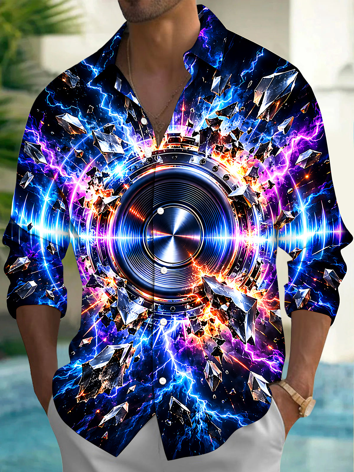 Oceanlyte Men's Long Sleeve Shirt - 3D Speaker With Lightning And Shattered Crystals Print with Chest Pocket