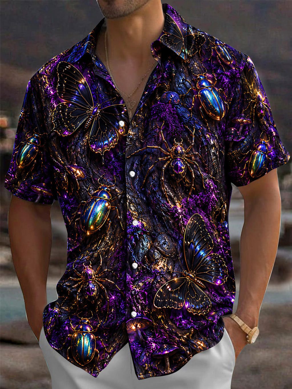 Oceanlyte Men's Short Sleeve Shirt - Iridescent Beetles Butterflies And Spiders Print with Chest Pocket