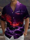 Oceanlyte Men's Hawaiian Shark And Deep Sea Volcano Print Short Sleeve Shirt with Chest Pocket