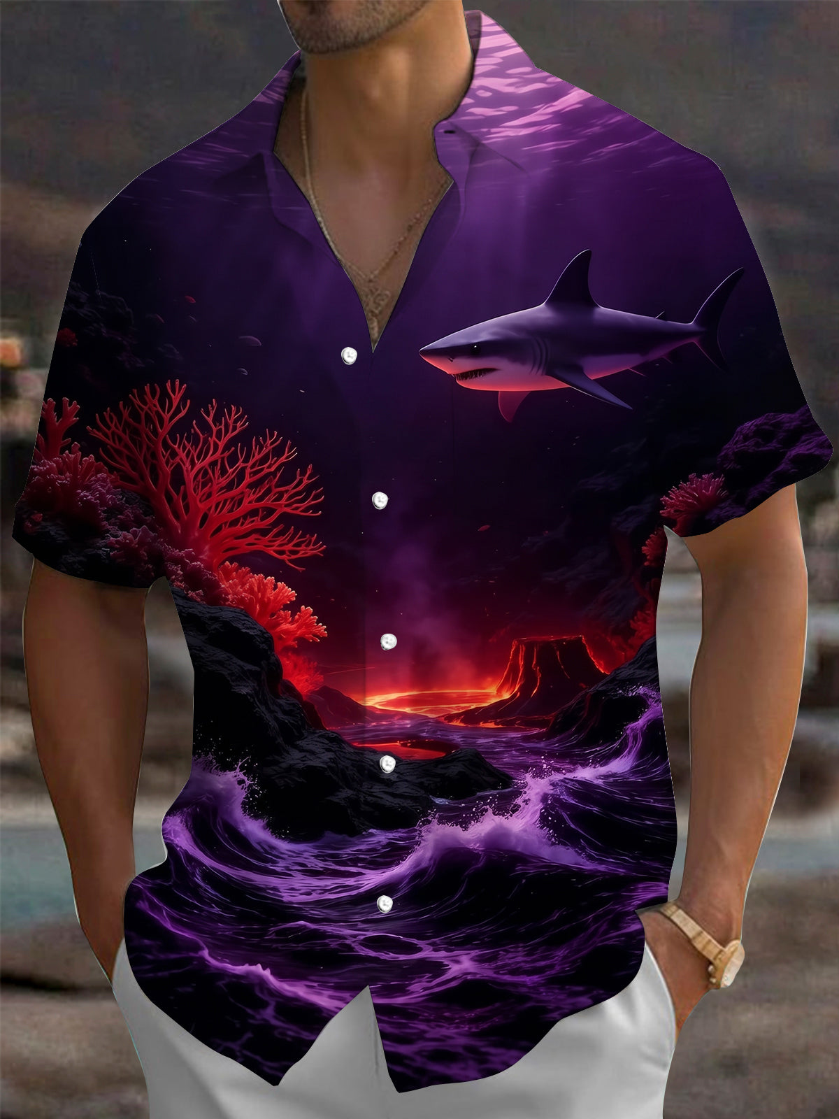 Oceanlyte Men's Hawaiian Shark And Deep Sea Volcano Print Short Sleeve Shirt with Chest Pocket