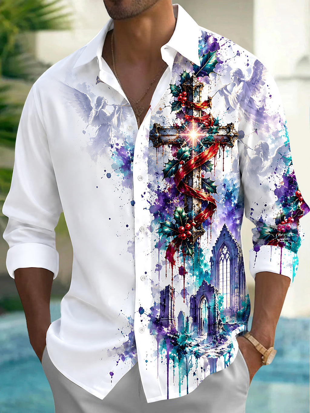 Oceanlyte Men's Graphic Christmas Cross And Angels Print Long Sleeve Shirt