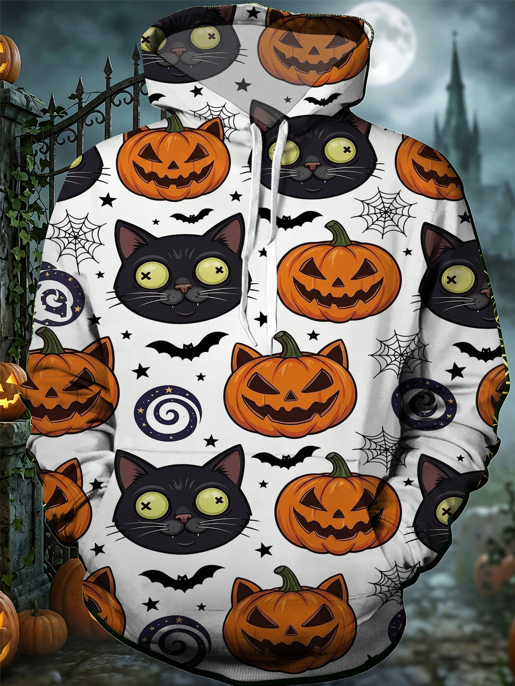 Oceanlyte Men's Graphic Halloween Black Cat Print Long Sleeve Hoodie with Chest Pocket