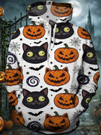Oceanlyte Men's Graphic Halloween Black Cat Print Long Sleeve Hoodie with Chest Pocket
