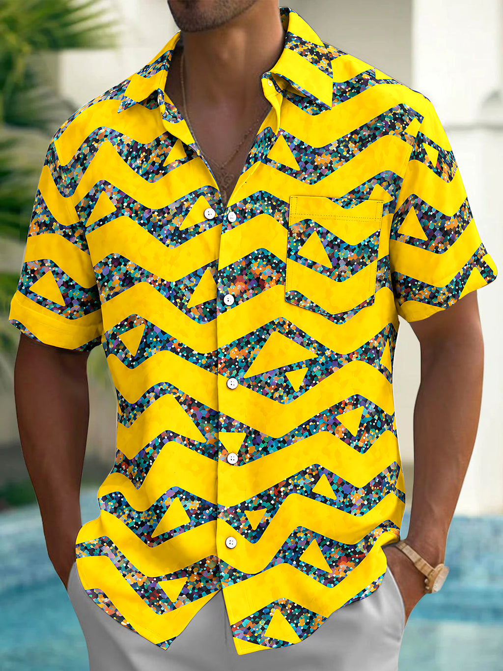 Oceanlyte Men's Geometric Zigzag And Triangles Print Short Sleeve Shirt with Chest Pocket