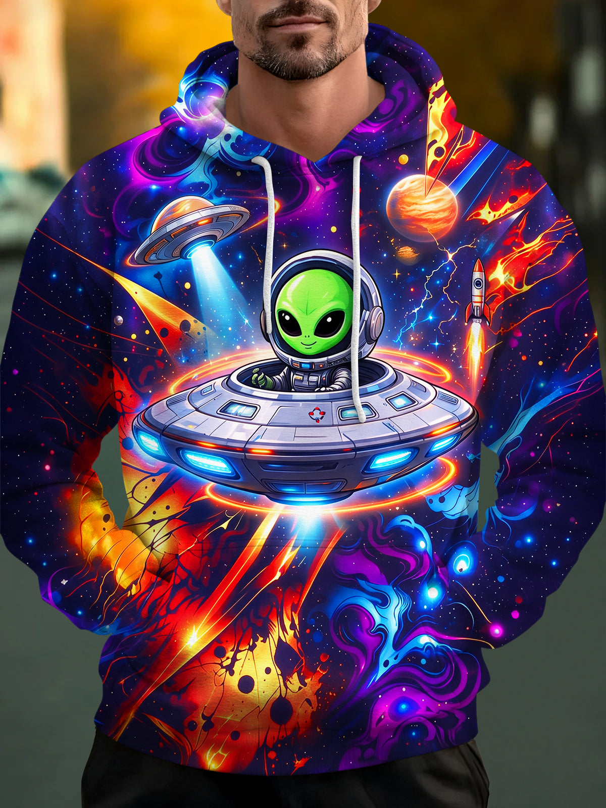 Oceanlyte Men's Graphic Alien In Spacesuit And UFO Print Long Sleeve Hoodie