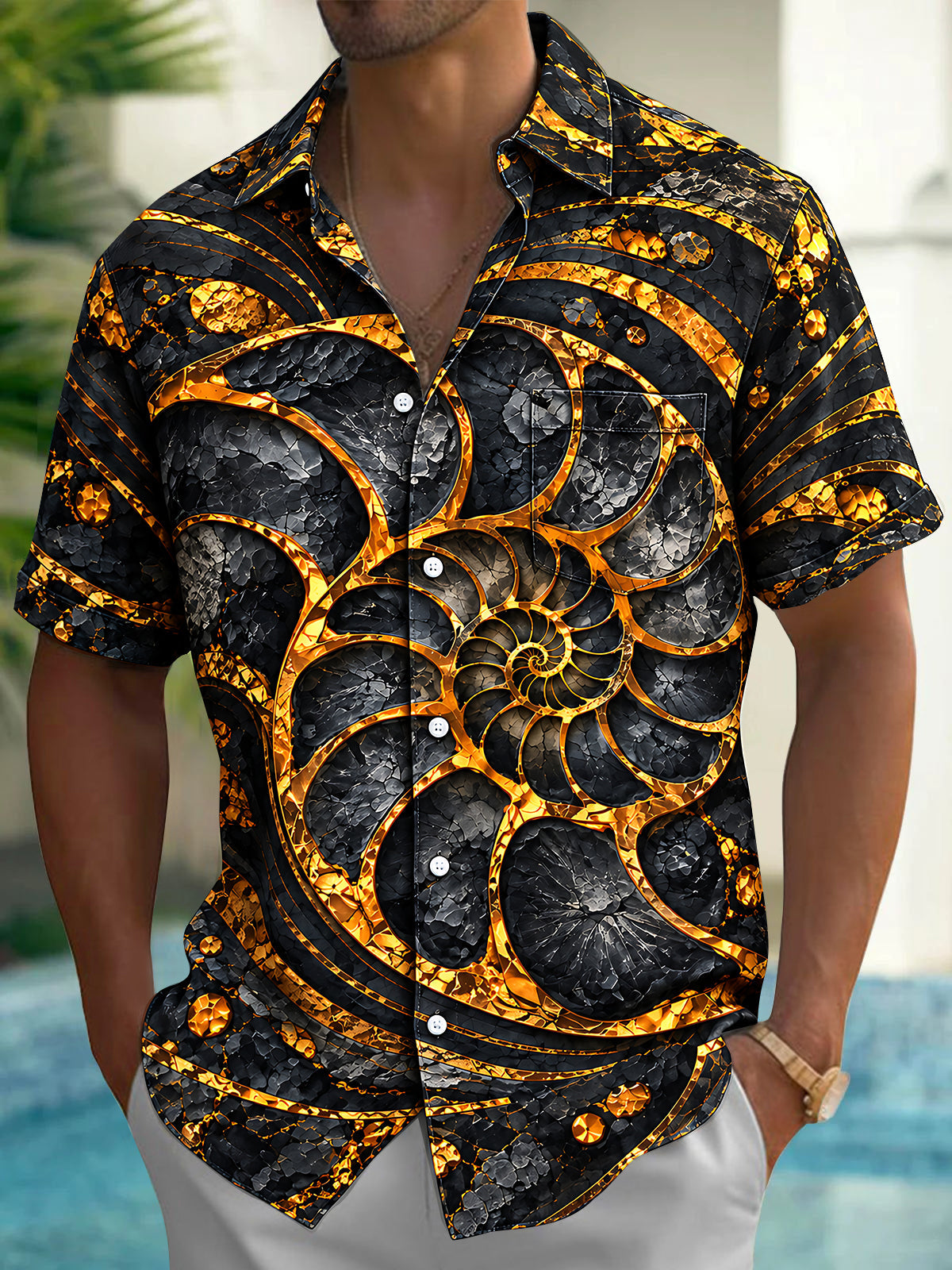 Oceanlyte Men's Short Sleeve Shirt - Spiral Shell And Abstract Geometric Patterns Print with Chest Pocket