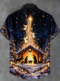 Oceanlyte Men's Short Sleeve Stand Collar Shirt - Nativity Scene With Angels And Star Print with Chest Pocket
