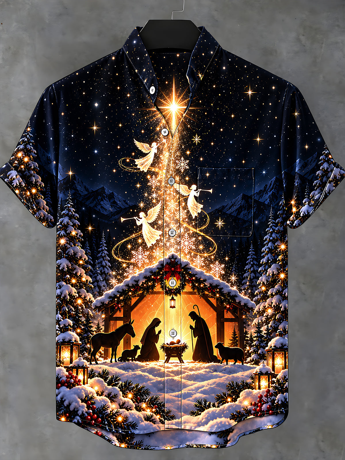 Oceanlyte Men's Short Sleeve Stand Collar Shirt - Nativity Scene With Angels And Star Print with Chest Pocket