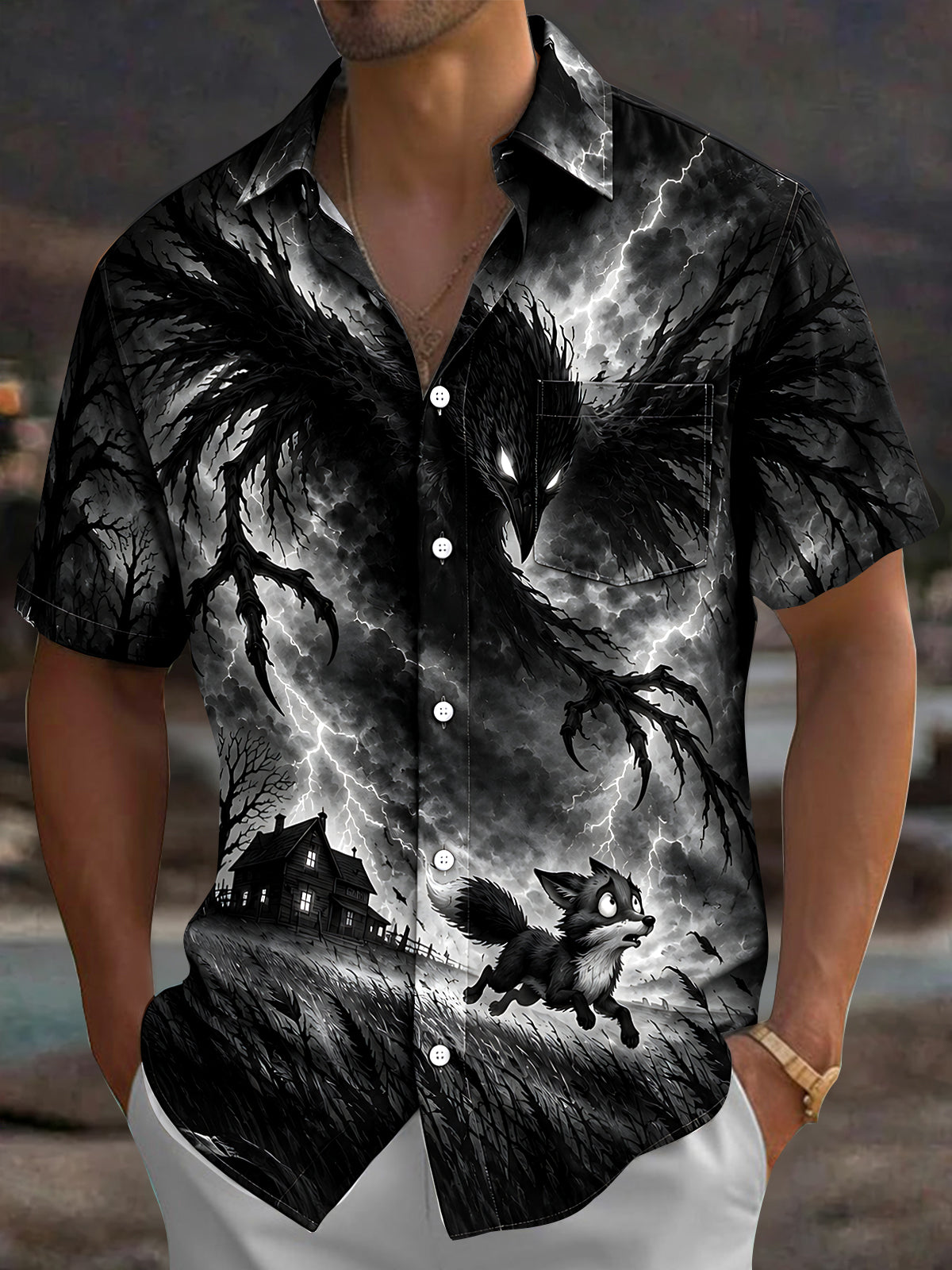 Oceanlyte Men's Halloween Black Crow And Running Fox Print Short Sleeve Shirt with Chest Pocket
