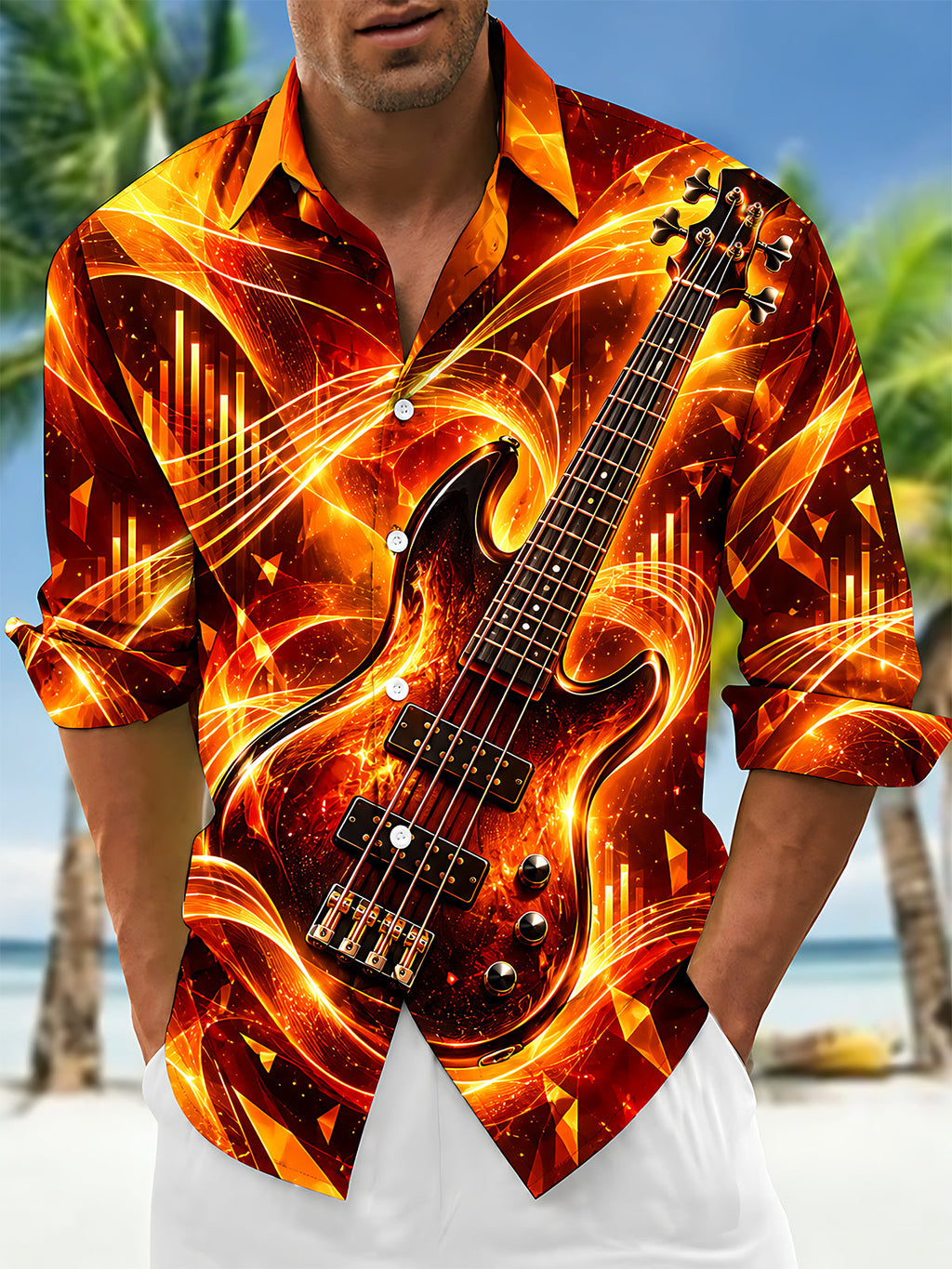 Oceanlyte Men's Electric Bass Guitar With Musical Waves Print Long Sleeve Shirt with Chest Pocket