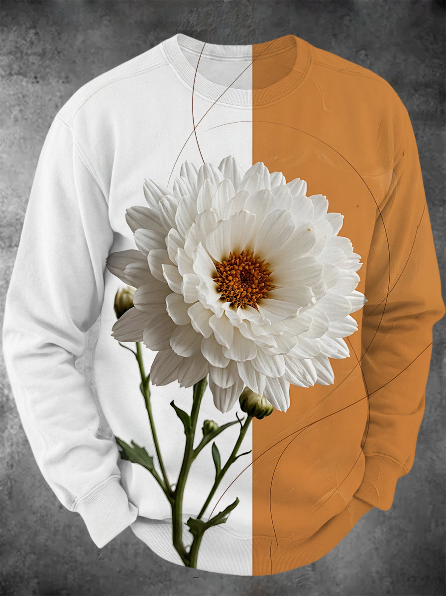 Oceanlyte Men's Floral White Chrysanthemum Flower Print Long Sleeve Hoodie