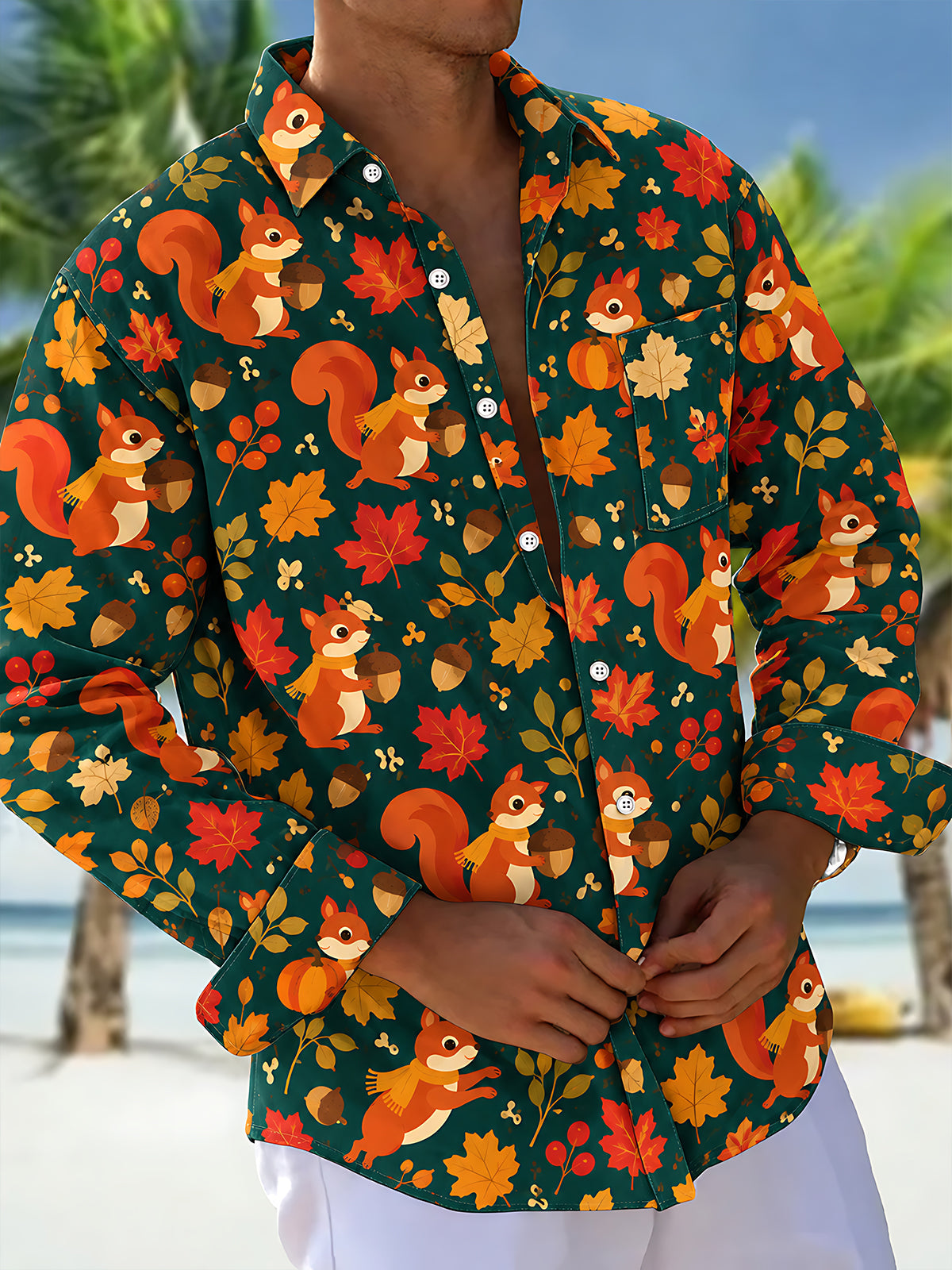 Oceanlyte Men's Autumn Squirrel And Maple Leaf Pattern Long Sleeve Shirt with Chest Pocket