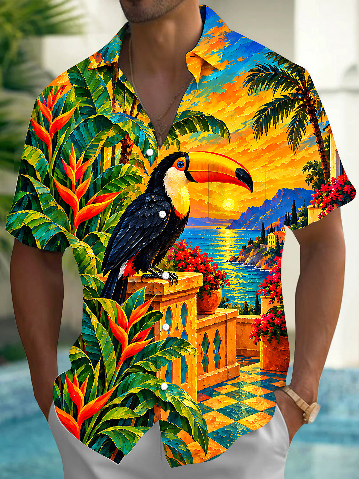 Oceanlyte Men's Toucan And Palm Tree Sunset Landscape Print Short Sleeve Shirt with Chest Pocket