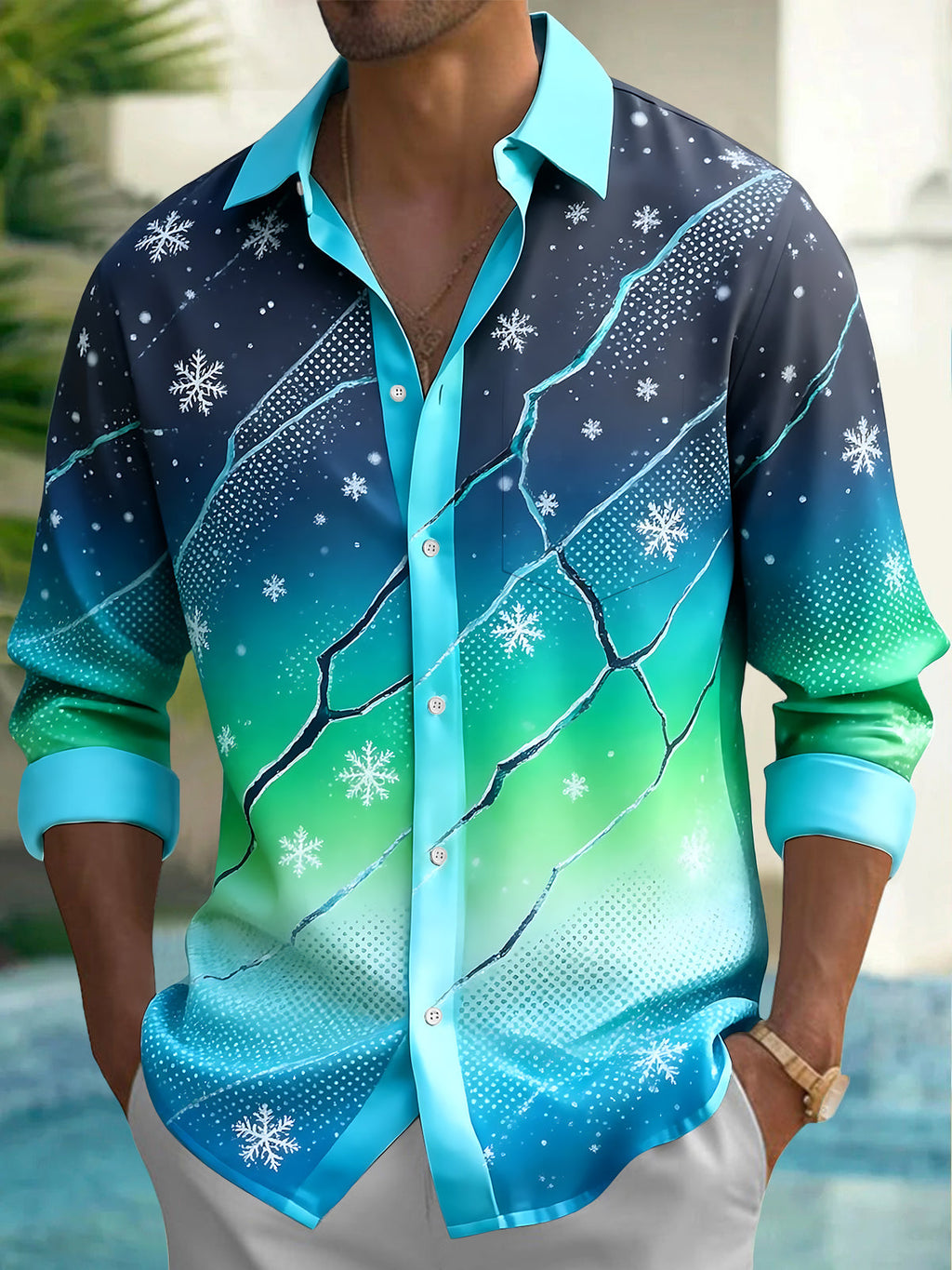 Oceanlyte Men's Snowflake Gradient With Geometric Cracks Print Long Sleeve Shirt with Chest Pocket