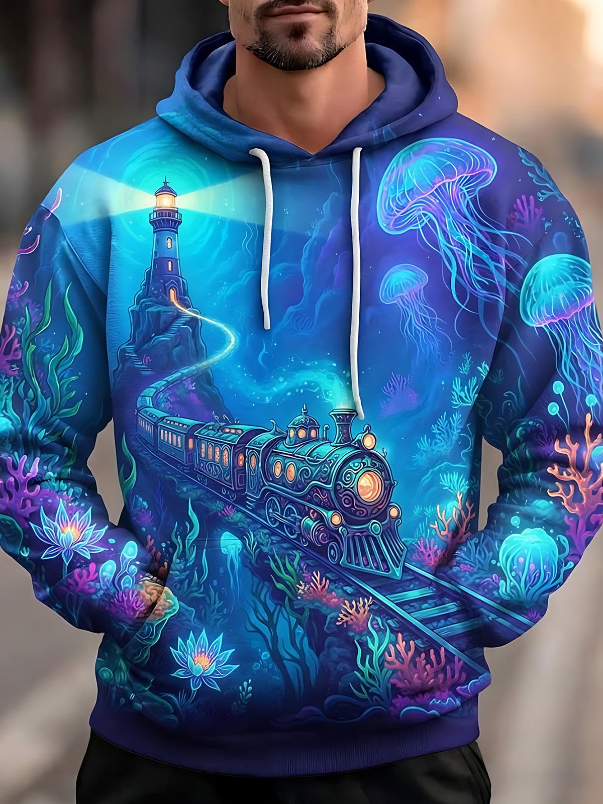 Oceanlyte Men's Underwater Steam Train And Lighthouse Print Long Sleeve Hoodie