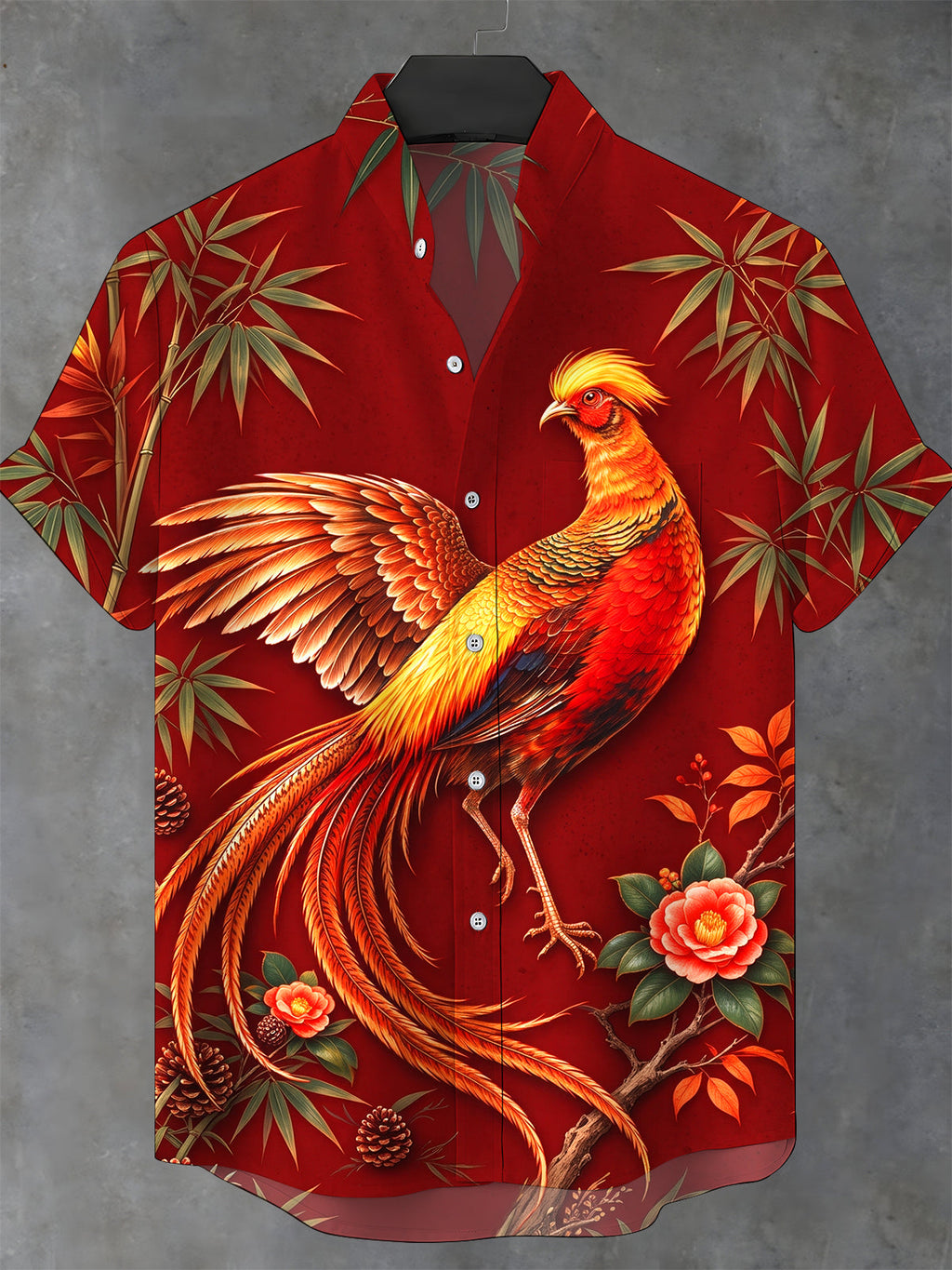 Oceanlyte Men's Golden Pheasant Print Short Sleeve Stand Collar Shirt with Chest Pocket
