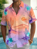 Oceanlyte Men's Watercolor Desert Cactus Sunset Print Short Sleeve Shirt with Chest Pocket