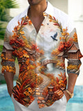 Oceanlyte Men's Long Sleeve Shirt - Ancient Village Autumn Landscape With Birds And Bridge Print with Chest Pocket