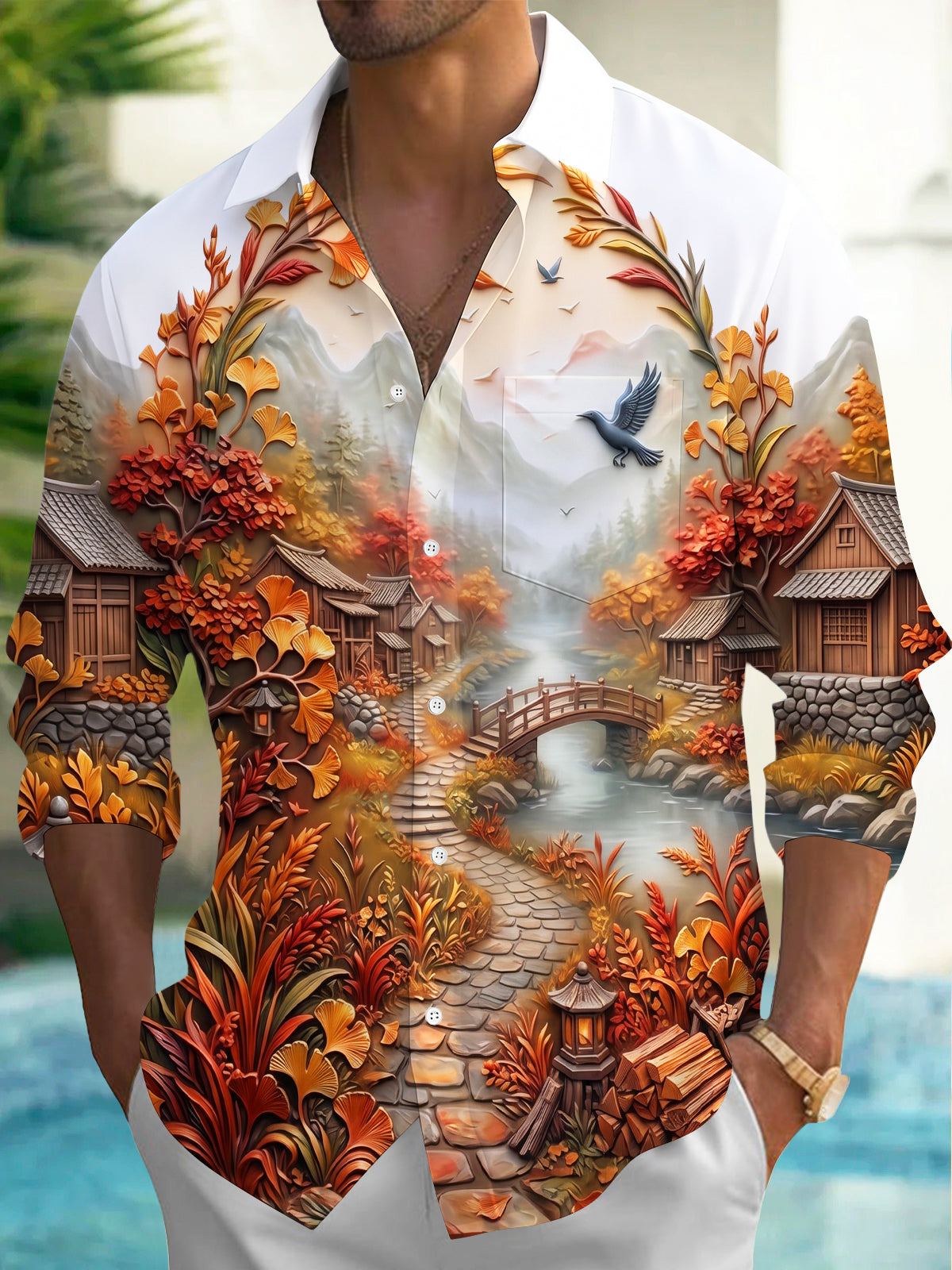 Oceanlyte Men's Long Sleeve Shirt - Ancient Village Autumn Landscape With Birds And Bridge Print with Chest Pocket
