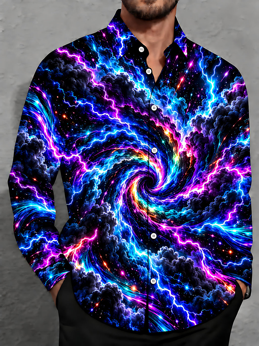 Oceanlyte Men's Long Sleeve Shirt - Abstract Cosmic Swirl With Lightning And Clouds Print with Chest Pocket