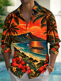 Oceanlyte Men's Long Sleeve Shirt - Hawaiian Sunset Beach Scene With Palm Trees And Hibiscus Print with Chest Pocket
