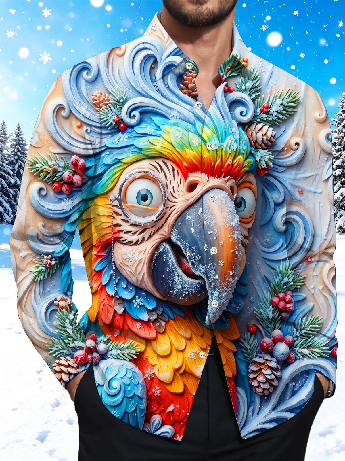 Oceanlyte Men's Long Sleeve Shirt - Winter Colorful Parrot With Winter Pine Cones And Berries Print with Chest Pocket